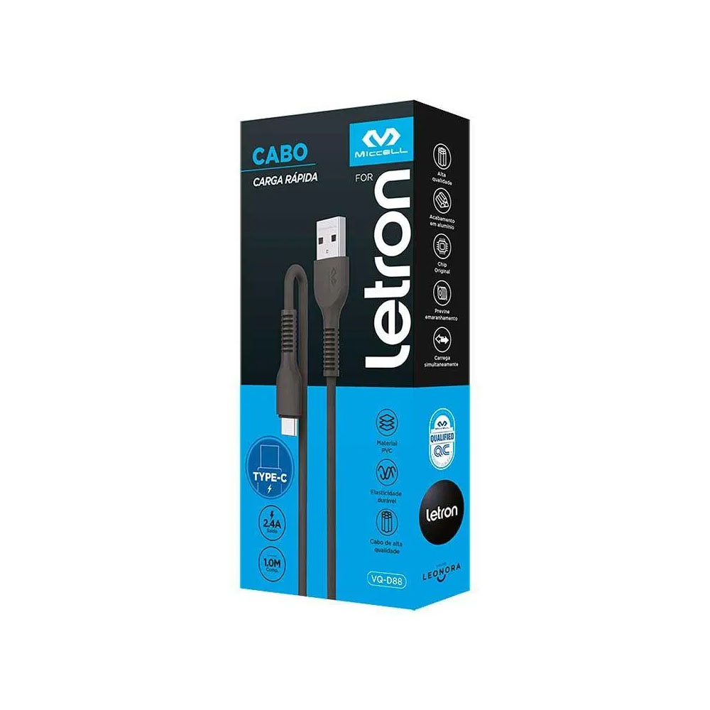 Foto 2 de Cabo usb tipo c 2 metros flexível 18w preto letron