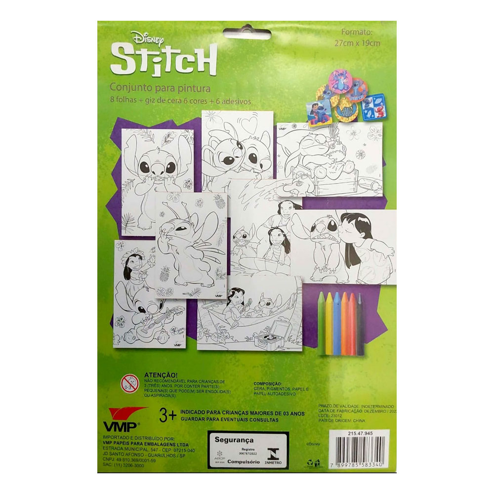 Foto 2 de Kit de pintura 8 folhas c/ 6 gizes  e 6 adesivos stitch vmp