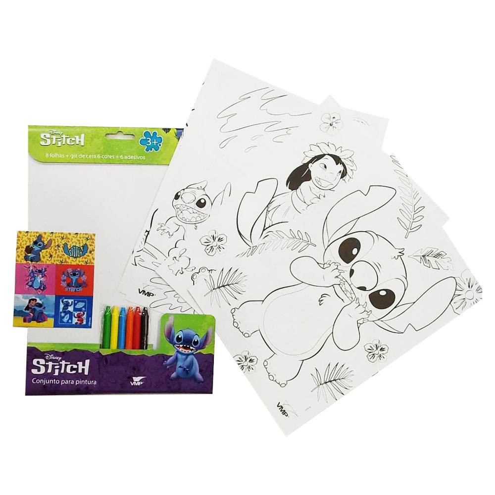 Foto 3 de Kit de pintura 8 folhas c/ 6 gizes  e 6 adesivos stitch vmp