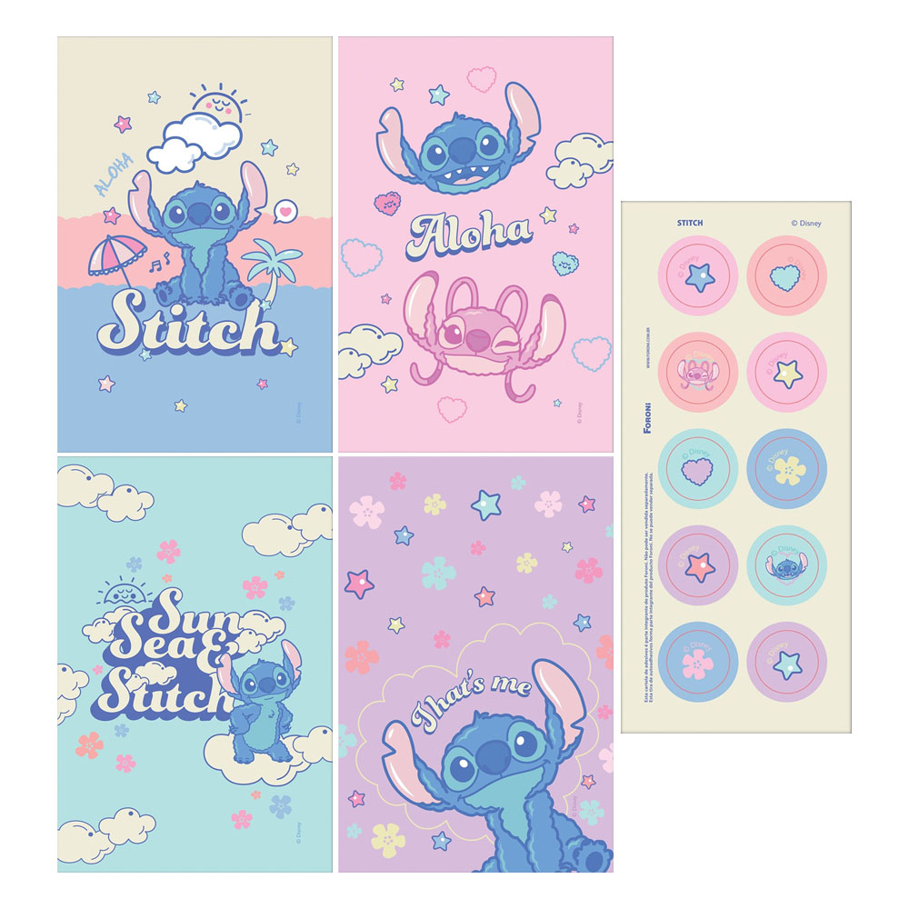 Foto 2 de Kit 8 cards 8 envelopes 1 cartela de adesivos stitch foroni