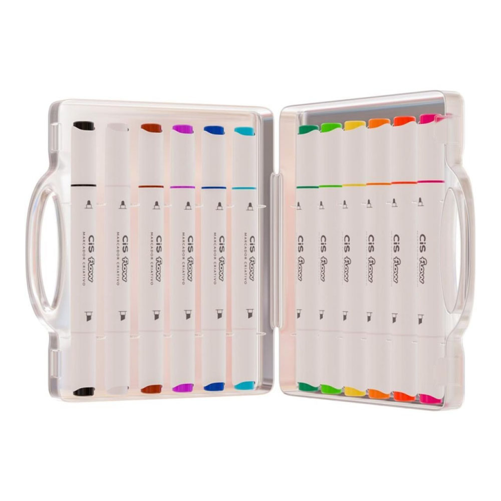 Foto 2 de Marcador criativo maleta c/ 12 cores ponta dupla flow cis